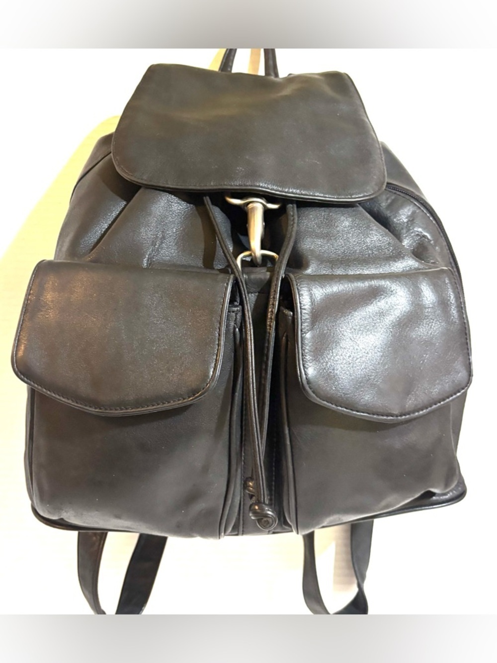Vintage Black unisex Leather Backpack with Dual Front Flap Pockets